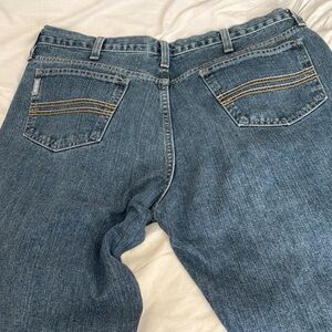 Cinch Relaxed Fit Blue Jeans with Tan Stitching